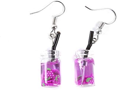 Firecolor Mini Fruit Juice Earrings Creative Apple Kiwi Orange Watermelon Grape Drink Bottle Pendant Earrings Hooks Dangle Jewelry,Purple grape