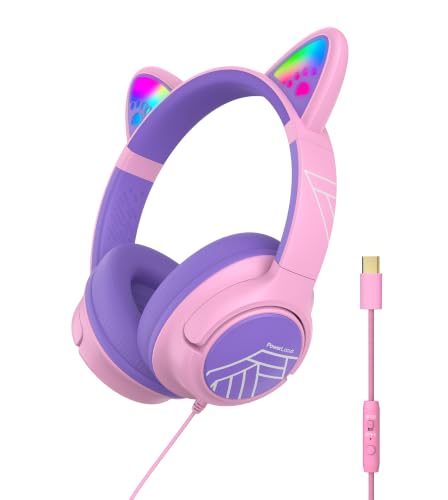 Image of PowerLocus Kids Headphones Cat Ears, LED Lights, USB-C Wired