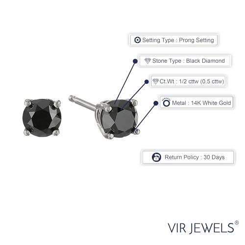 1/2 cttw Black Diamond Stud Earrings 14K White Gold Round Push Backs Prong Set4