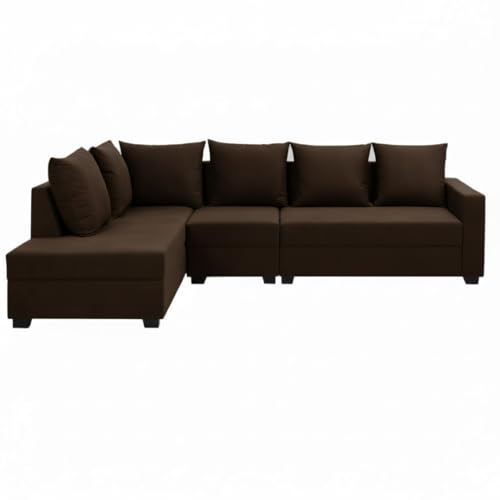 Image of FURNY Gloria 8 Seater Fabric LHS L Shape Sofa Set with 1 Centre Table & 2 Puffy (Dark Brown) Premium Velvet Finish | Ideal of Living Room
