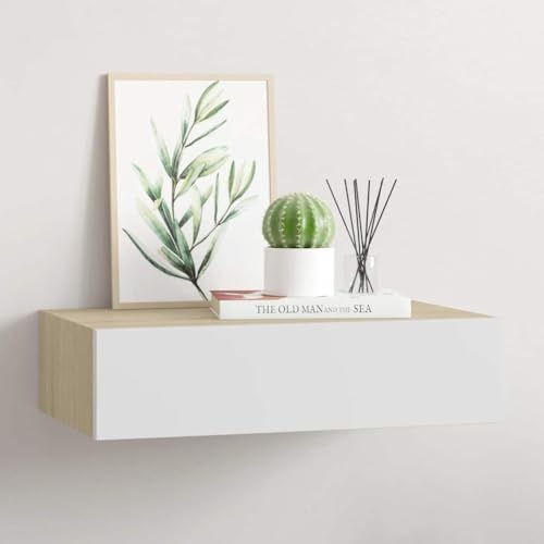 Mokuyary Estante con cajón de Pared MDF Roble y Blanco 40x23,5x10 cm Estantería de Pared con 2 Cajones Mesita de Noche Flotante Estante con Cajón para Recibidor Dormitorio