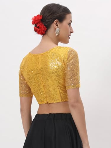 Image of studio rasa Women's Net Sequin Embroidered Sheer Sleeves Readymade Saree Blouse for Wedding Festive Party