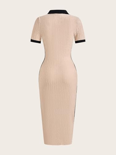 Women's Summer Color Block Midi Dress Elegant Collar V Neck Bodycon Work Office Dresses2