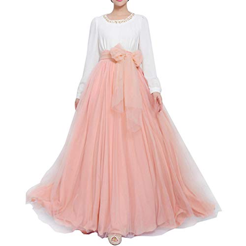 Jupe longue bouffante en tulle pour femme avec ceinture à nœud Taille haute pour mariage fête soirée - Rose - L/XL Cover