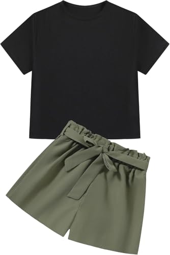 Image of Girl's 2 Piece Outfits Short Short Sleeve Crop Top and Cute Print Shorts Sets with Belt 2 Piece Summer Clothes