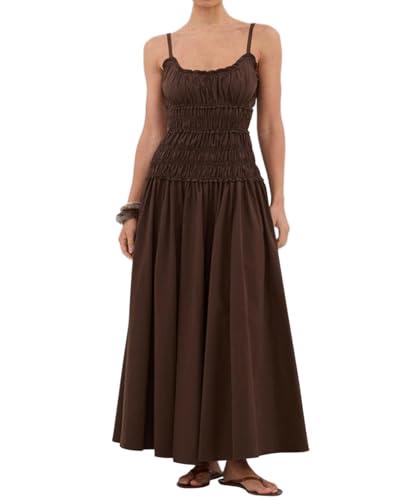 Women Spaghetti Strap Maxi Dress Sleeveless Scoop Neck Ruffle Tiered Elastic Casual Boho Flowy Dress