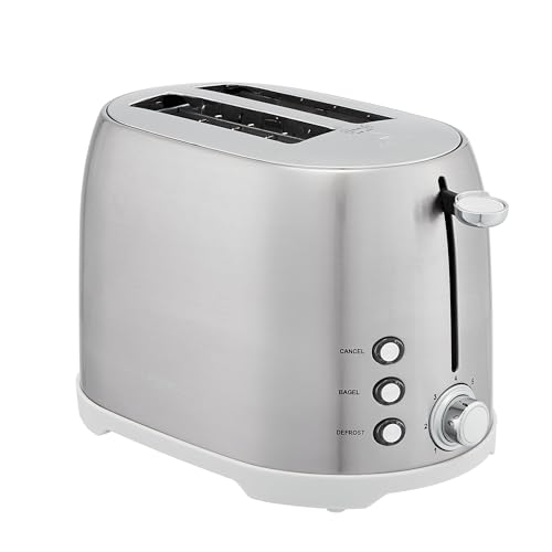 Image of Amazon Basics 2 Slice Cool Touch Stainless Steel Toaster with 7 Browning Settings, Extra Wide Slots (for Bagels, Waffles, Specialty Breads), Removable Crumb Tray, Cancel Button, 800W, Brushed Silver
