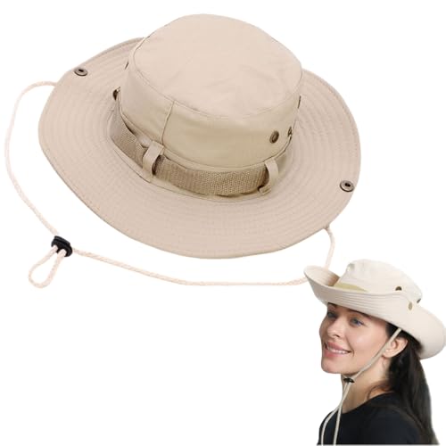 EYWILYWI Adjustable Buckle Safari Sun Hat for Men & Women – Wide Brim hat Men UPF 50 Protection, Foldable Jungle Style Boonie Hat for Fishing, Hiking & Outdoor Adventures (UK, Alpha, One Size, Beige)