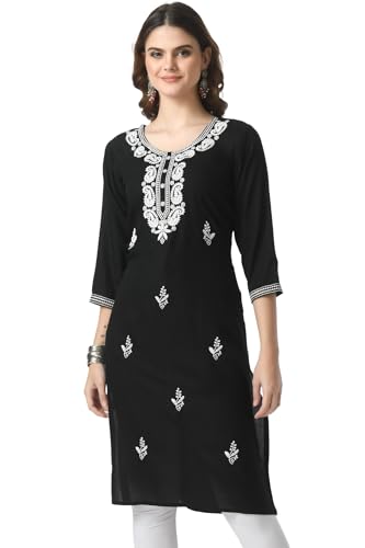 Image of LIBOZA Kurta for Women - Lakhnowi Chikankari Embroidered Ladies Kurti, Stylish Girls Top, Ethnic Full Kurtas, Straight Design Kurtis for Woman