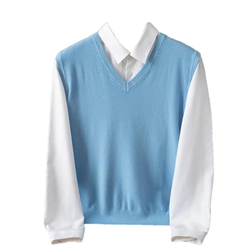 Men's Cashmere Knitted Sleeveless Sweater Vest V-Neck Solid Color Pullover Bottom Fall Winter Tops(Light Blue,Medium)