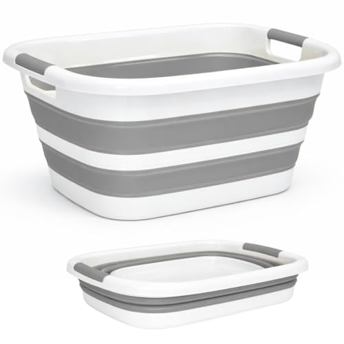 Edihome, Panier à Linge Pliable 26 L Grande Capacité – Bassine Plastique Compacte et Résistante – Bac à Linge Sale Gain de Place pour Salle de Bain ou Buanderie (Gris)