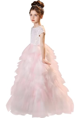 Tulle Flower Girl Dress with Beads Lace Appliques Short Sleeves Pageant Dresses for Girls Long Ball Gown Birthday Party Dress