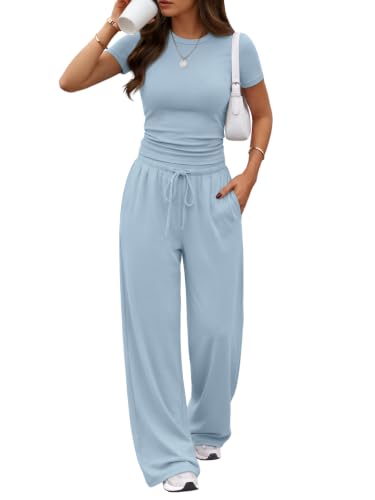 Image of Trendy Queen 2 Piece Matching Summer Lounge Set Womens Side Ruching Top Wide Leg Pants Sets with Pockets