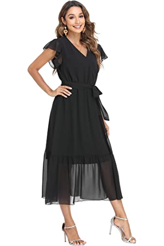 Image of VintageClothing Womens Sundress Casual Floral Summer Boho Dress | Flowy Wrap V Neck Ruffle A-Line Pleated Hem Midi Dresses