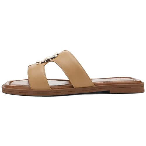 Image of UBFEN Womens Square Toe Flat Sandals Slides Dressy Comfortable for Beach