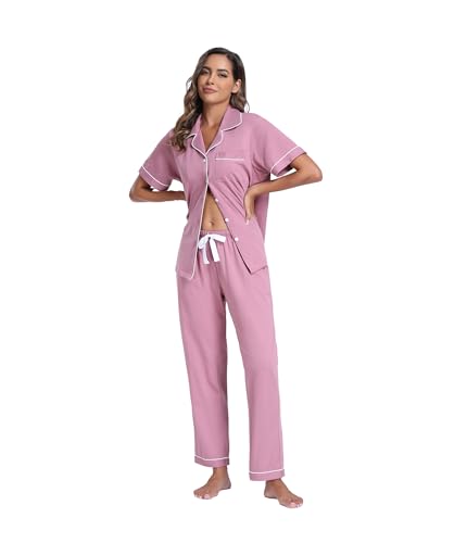 Image of CF Womens 100% Cotton Pajamas Set Button Down Pjs Sets Short Sleeve Top & Long Pants Sleepwear Comfy Loungewear with Pockets