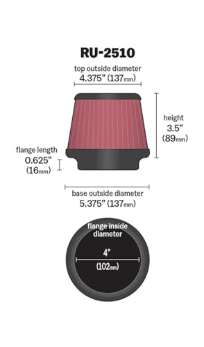 Image of K&N High-Flow Original Lifetime Universal Clamp-On Air Filter: High Performance, Premium, Washable: Flange Diameter: 4 In, Filter Height: 3.5 In, Flange Length: 0.625 In, Shape: Round Tapered, RU-2510
