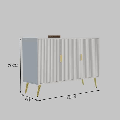 Image of Wooden Sideboard Cabinet for Living Room | Side Board with 3 Doors Cabinet Storage for Dining, Drawing and Home Office | HDMR Premium Wood & Iron, Warm White & Golden