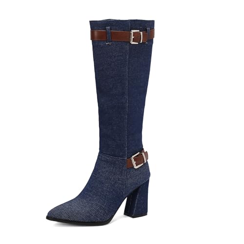 Bottes mi-mollet en denim Bviennic avec talon bloc pointu et zip de taille 34 à 48