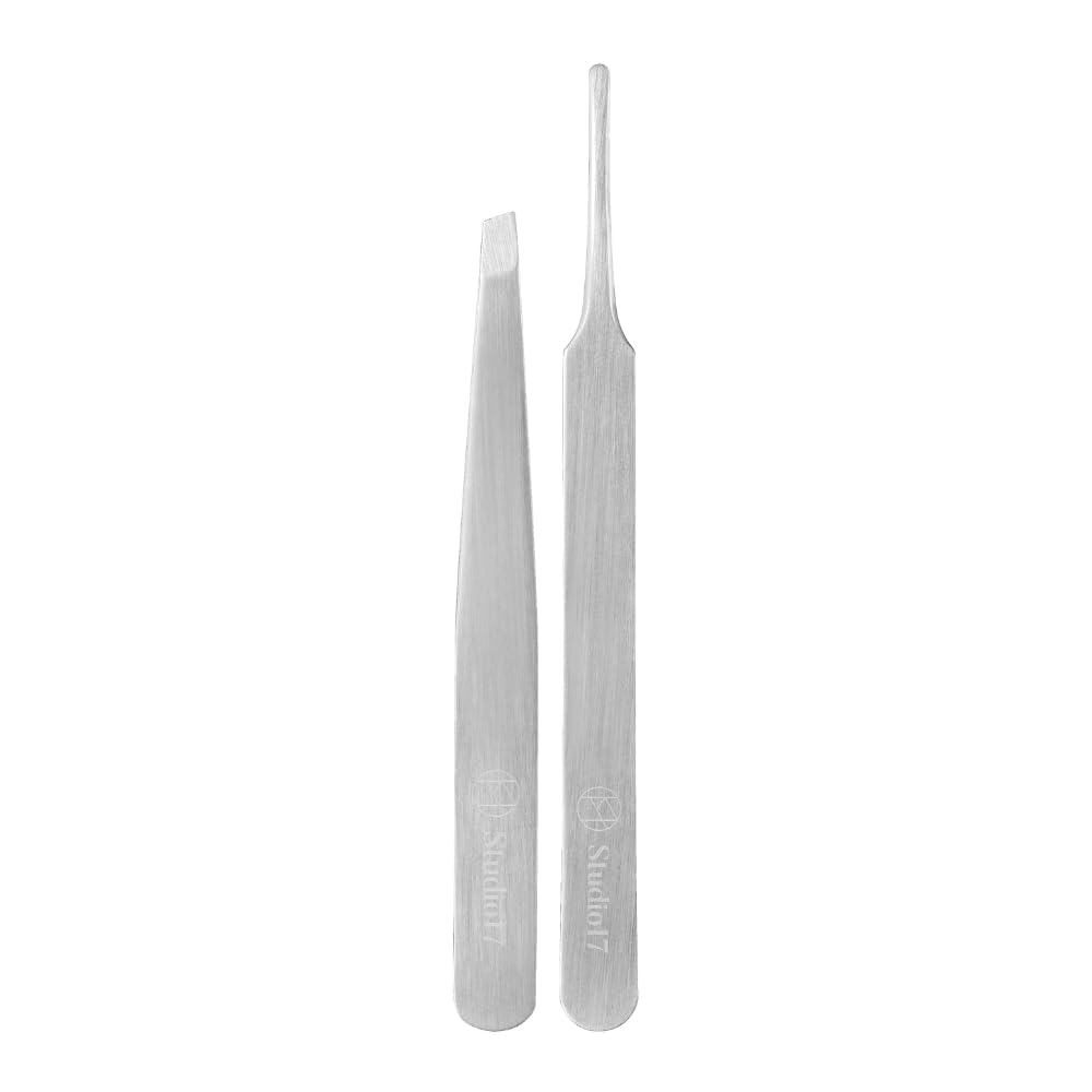 STUDIO17 Makeup Tweezer Duo | 2pcs | Eyebrow & Lash Tweezers Set, Precision Angled Tweezers for Brow Grooming, False Lash Application & Lash Styling