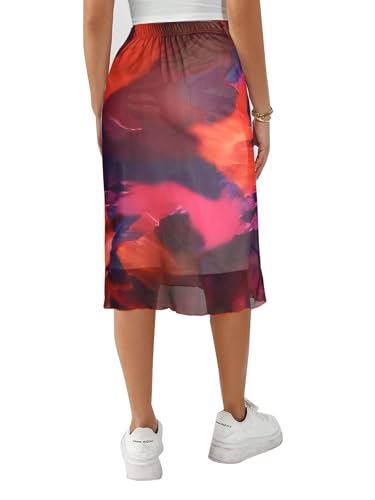 Avanova Women Boho Floral Mesh Midi Skirt Bodycon High Wasited Lettuce Trim Skirt2