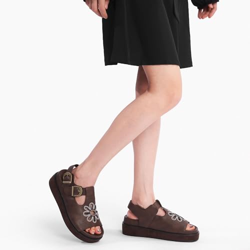Brown Flower Platform Sandals for Women with Adjustable Buckle Back Strap Comfort Summer Open Toe Slip on Slingback T-Strap Beach Sandals.3