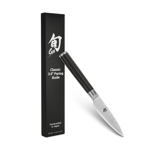 Shun Classic 3.5' Paring Knife, Handcrafted Japanese Vegetable & Fruit Knife, VG-MAX Core with Damascus Stainless Steel Cladding, Pakkawood Handle, Small Kitchen Tool for Peeling, Coring & Cutting