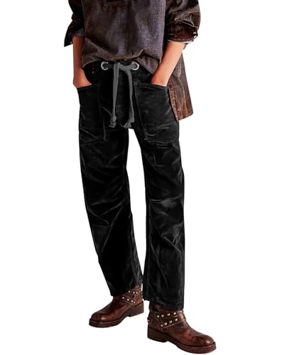LifeShe Women Velvet Pants Baggy Barrel Velour Pants Mid Waist Drawstring Trousers