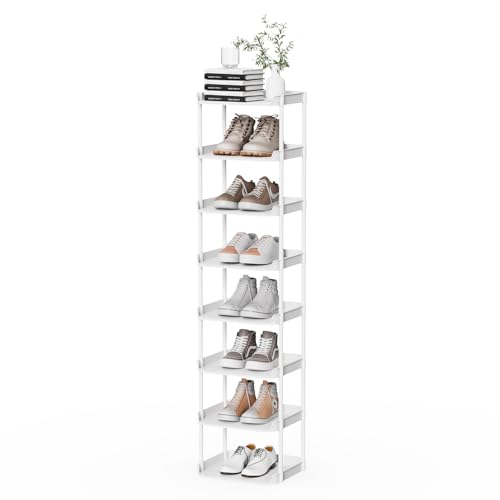 Altdnmaf 8 Ebenen Schmal Schuhregal, Mehrschichtiges Hoch Schuhregale Platzsparend, Stapelbar Klein Standregal, Vertikales Plastik Regal, Shoe Rack für Treppe, Flur, Küche, Schlafzimmer, Weiß