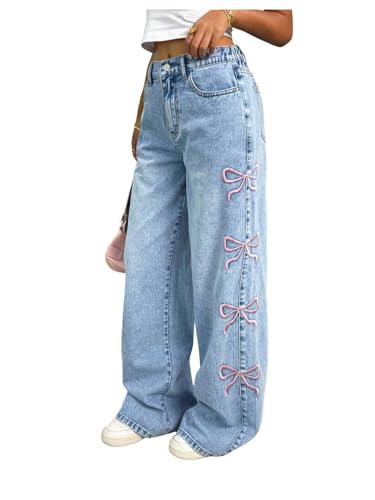 WDIRARA Girl's Bow Embroidery Baggy Jeans Mid Waist Straight Leg Y2k Denim Pants