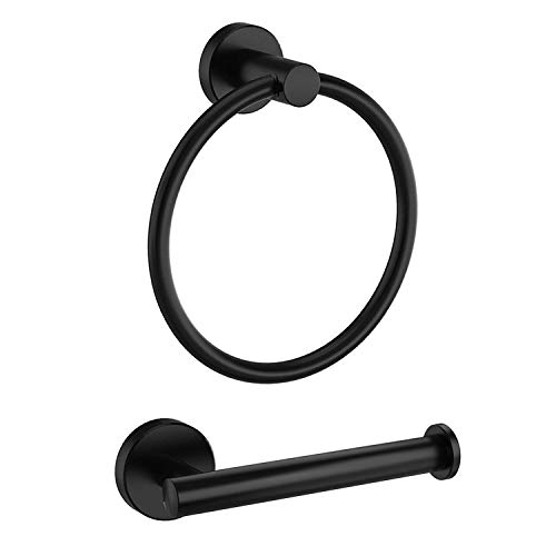MARMOLUX ACC Black Towel Ring Round Towel Holder with Black Open Arm Toilet Paper Holder Economical Bundle, Stainless Steel Wall Mount Bathroom Hardware, Matte Black Finished