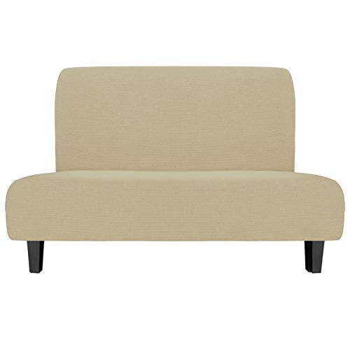 Image of Easy-Going Stretch Medium Futon Slipcover Armless Futon Cover Beige | Sofa Bed Furniture Protector Without Armrests with Elastic Bottom for Kids, Soft Jacquard Machine Washable