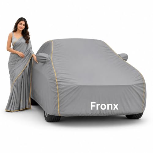 Image of 100% Waterproof Car Cover for Fronx All Weather Protection with Mirror Pocket Inner Cotton Layer Triple Stitched Cover with Adjustable Belt Bottom Elastic to Secure Fit-Grey