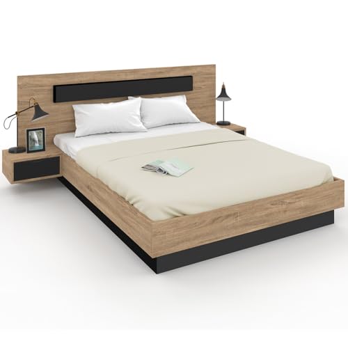IDMarket - Lit Double Santa avec tête de lit + Tables de Chevet intégrées et sommier 160 x 200 cm Bois et Noir