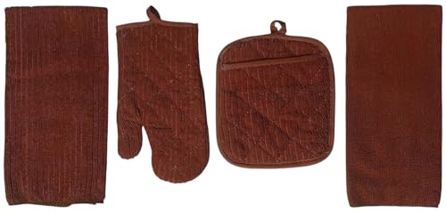 Set of 4, 100% Polyester 1 Kitchen Towel, 1 Dishcloth, 1 Potholder, 1 Oven mitt Kitchen Linen Set for Kitchen Décor for Cooking, Baking, Barbecue (Chololate Brown)