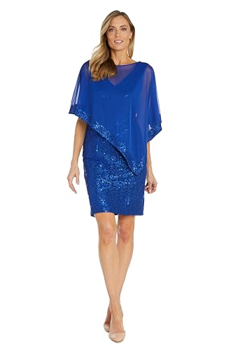 Image of R&M Richards Women's Knee-Length Glitter Sequin Lace Dress W /Sheer Asymmetric Poncho Overlay | Evening Cocktail Attire