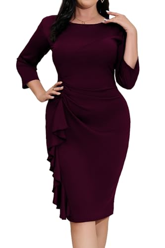 Image of Plus Size Dresses for Curvy Women 3 /4 Sleeve Bodycon Fit Ruffle Midi Pencil Dress
