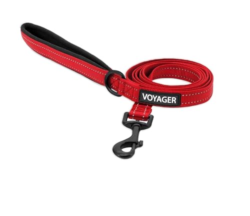 Voyager Guinzaglio riflettente per cani con manico in neoprene, lungo 1,8 m, supporta cuccioli di taglia piccola, media e grande, carino e resistente, per passeggiate, corsa e allenamento, rosso, L