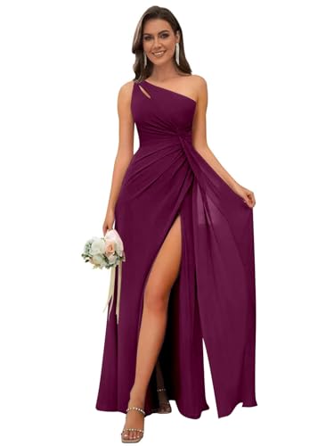 Image of OFEECHUN Women's Chiffon One Shoulder Bridesmaid Dresses Long Pleated Formal Evening Gowns with Slit