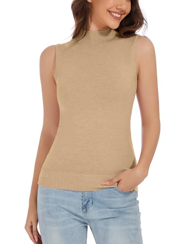 Image of Sleeveless Mock Neck Knit Tops for Women Slim Fit Turtleneck Sweater Vest Business Work Tank Pullover