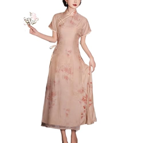 Summer Wearing Cheongsam Dresses for Women Chinese Short Sleeved Long Skirt Dress Retro Women's Classical Cheongsam Ao Dai Dress(Large)