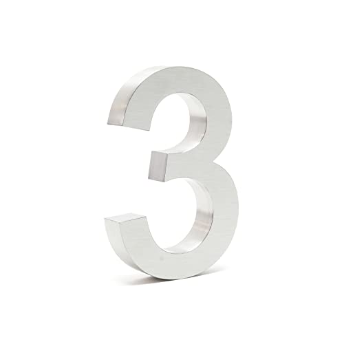 Wiltec Plaque Numéro Maison Chiffre 3 3D, 130 x 30 x 200 mm, Acier inoxydable, Résistant aux intempéries, Matériel fixation inclus