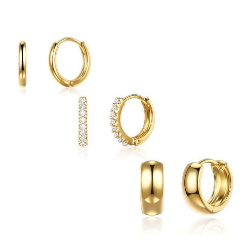 3 Gold Hoop Earrings Set Stack Small Huggie Hoops & Studs Chunky Gold Earrings Hypoallergenic Tarnish Free Dainty Jewelry Gift Set for WomenEveryday Earring for Cartilage Piercings