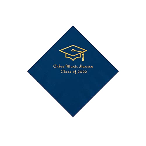 Navy Grad Mortarboard Personalized Napkins with Gold Foil – 50 Pc. Beverage
