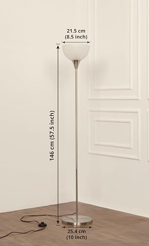 Image of Divine Trends Uplighter Satin Nickel Floor Lamp for Living Room with Frosted Glass Lampshade | Includes LED Warm Bulb | Hidden Wire Design | Uplight Corner Standing Lamp for Home | Pack of 1