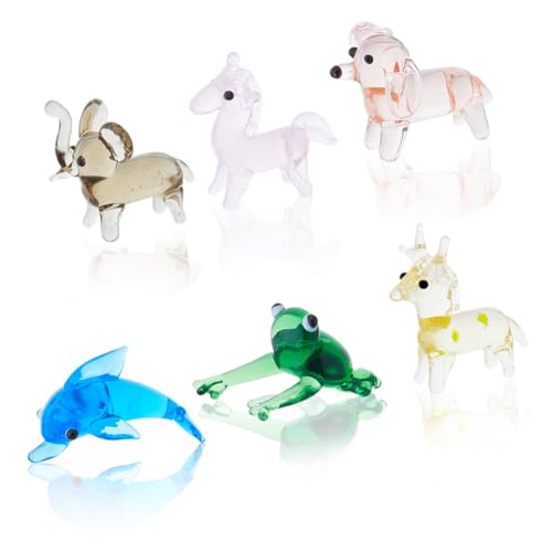 Hobbspring 6 figuras de vidrio soplado a mano en miniatura, decoración de vidrio colorido, rana sika, ciervo, elefante, animal mítico, delfín, perro, para regalos coleccionables de decoración del