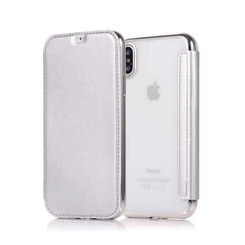 Étui en cuir iPhone 14 Pro avec rabat de protection haut de gamme et dos antichoc argent
