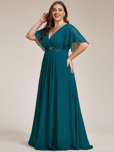Image of Ever-Pretty Short Sleeves V Neck Plus Size Formal Dresses for Curvy Women Chiffon Mother of The Bride Dress Evening Gowns