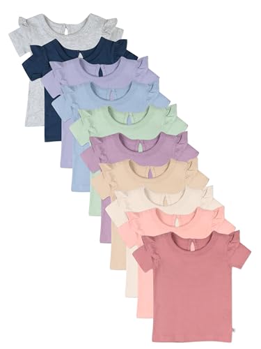 HonestBaby 10-Pack Ruffle Short Sleeve T-Shirt 100% Organic Cotton for Toddlers, Infant Baby Girls