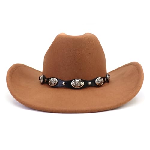 Image of Western Cowboy Hat for Men Women Wide Brim Felt Cowboy Cowgirl Hat with Buckle Belt Classic Fedora Hat